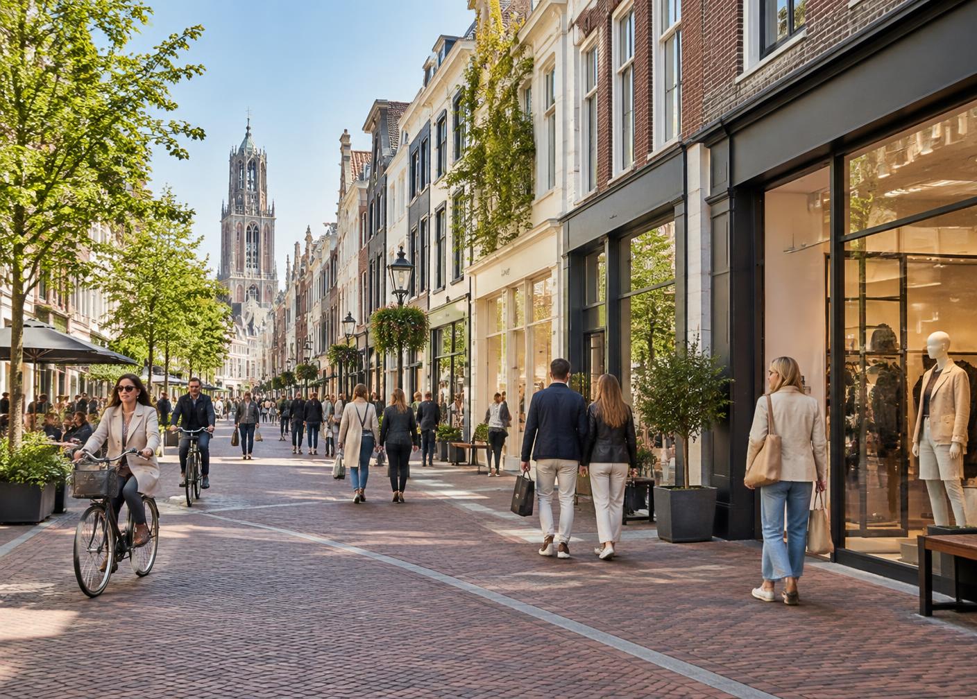 Actieve Nederlandse winkelstraat met moderne retailgevels